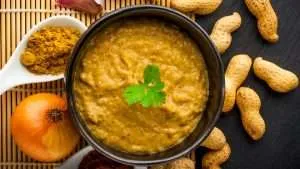 peanut sauce in the wooden bowl