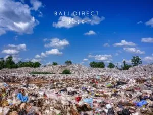 landfill in Bali with blue sky and garbage and waste