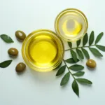 olive oil with bright background with olive leaf and olive fruit